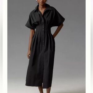 Anthropologie The Tobie Shirt Dress by Exquise Midi Black Pleated 1X cons